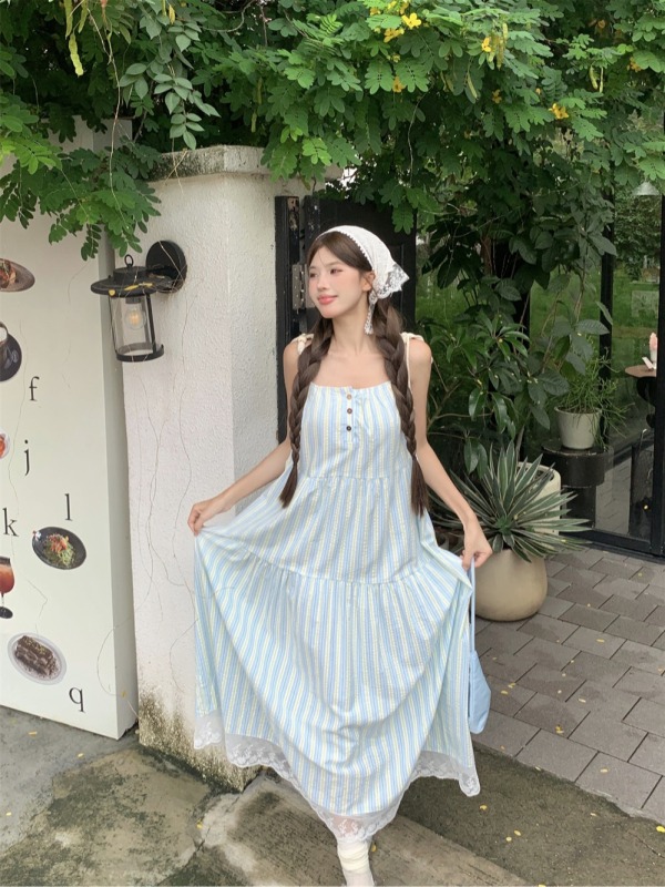 Beach vacation suspender long skirt A-hem long skirt women's French retro suspender dress