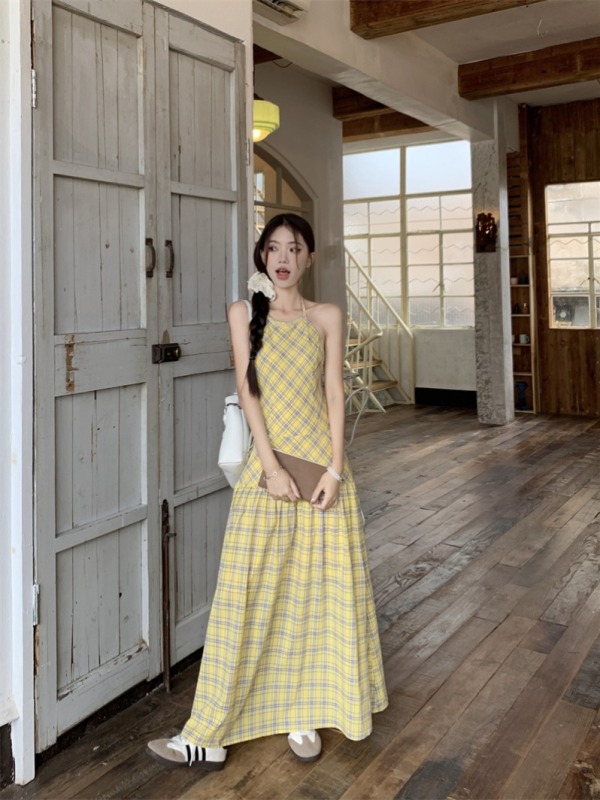 Real shot and real price summer sleeveless backless slim long plaid contrasting casual halterneck suspender dress for women