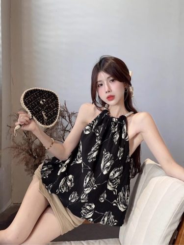 Tmall quality ink painting French floral chiffon women's summer outer wear pure lust sweet hottie halter top