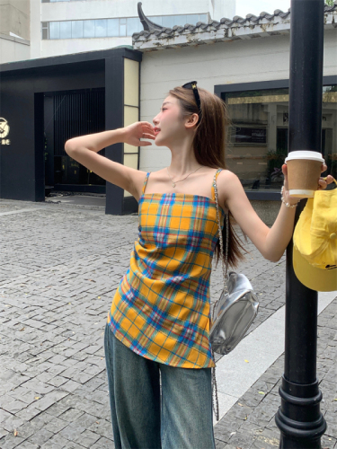 New design slit irregular yellow plaid suspender top for women