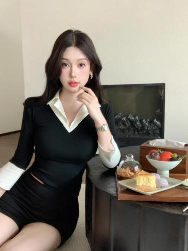 Actual shot of summer Korean version of pure desire and careful machine black and white fake two-piece shirt collar casual three-quarter sleeve top