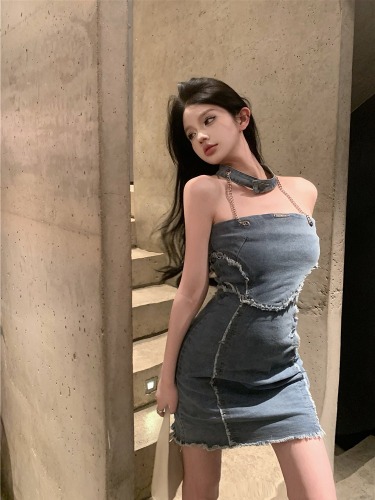 Real shot!  Hot Girl Chain Halter Denim Dress Waist Covering Hip Slim Tube Top Skirt