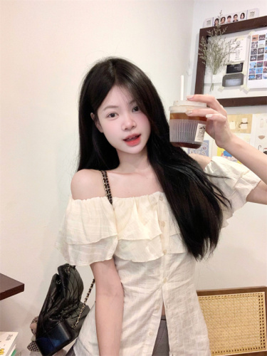 Real shot Midsummer Diary Cream Baileys Young Girl Ruffled French One Shoulder Waist Shirt