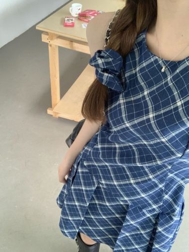 Three-label printed plaid sleeveless dress, new summer slimming hem pleated skirt