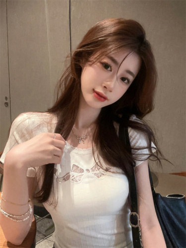 Real shot~Large size women's tea style sweetheart bow hollow lace embroidery right shoulder T-shirt waisted short-sleeved top