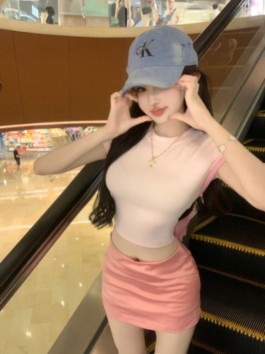 Real shot!  Sweet desire mini skirt low waist hot girl pure desire short skirt simple basic versatile short-sleeved T-shirt suit