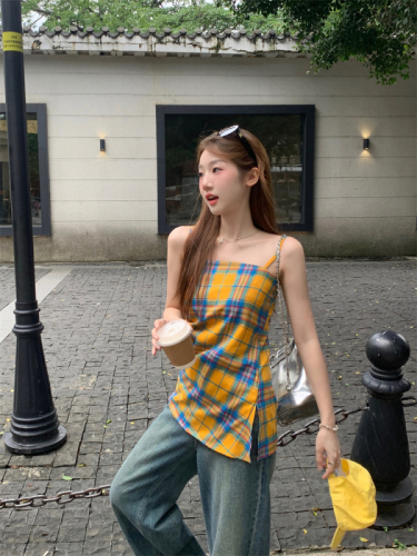 New design slit irregular yellow plaid suspender top for women