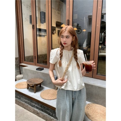 Sweet style lace short-sleeved shirt for women 2024 spring loose age-reducing shirt short doll top