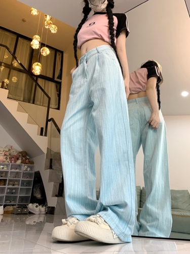 Actual shot ~ blue jeans women's new high-waist slim textured straight casual trousers Korean version