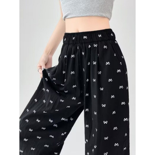 Black bow wide-leg pants for women in summer, thin, sun-proof, cool, floral pajamas, casual walking pants, trendy