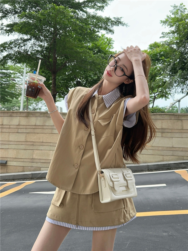 ~Fake two-piece stitched design lapel sleeveless casual vest workwear skirt suit for women