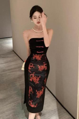 Actual shot of new women's retro Chinese style tube top slim hip-covering birthday party cheongsam dress