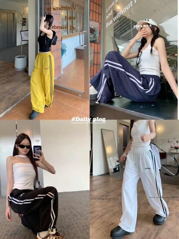 Real shot and real price American retro striped quick-drying breathable sports casual pants wide-leg trousers