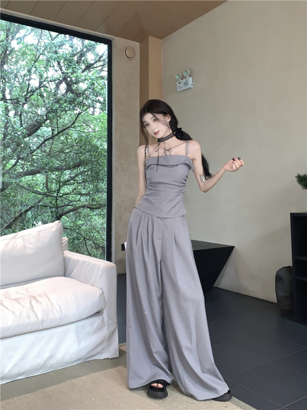 Actual shot and real price~Slim hot girl’s versatile diamond-studded tube top vest for women, loose and drapey floor-length straight casual pants