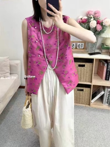 Designed oblique buttoned national style floral vest for women European station 2024 summer new round neck sleeveless vest