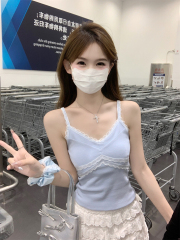 實拍 夏季韓版修身v領純欲蕾絲拼接設計感吊帶內搭背心上衣