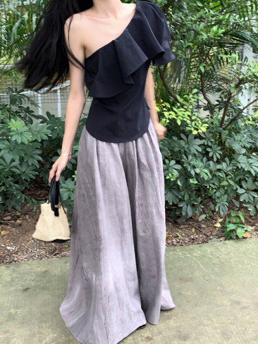 Designed asymmetrical off-shoulder ruffle top elastic waist wide leg skirt pants two-piece set