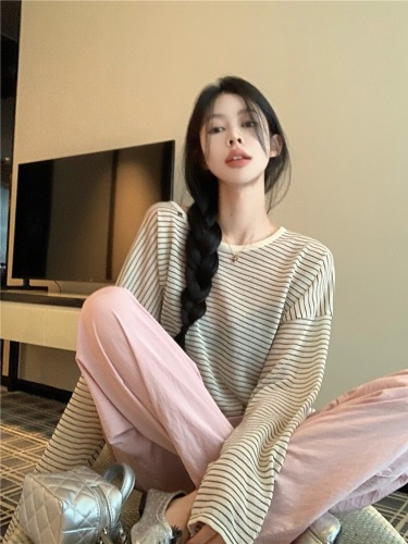 Actual shot~ Light oxygen striped sweater, long-sleeved loose skin-friendly sun protection blouse, loose Yamamoto pants and trousers two-piece set