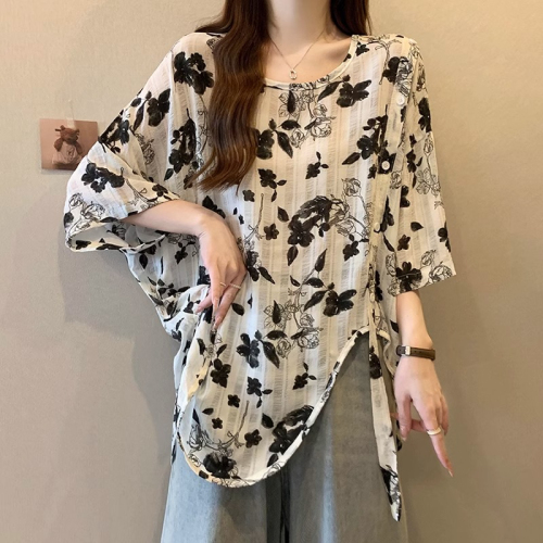 Original workmanship plus size women's fat mm summer wear new 2024 round neck small floral breathable loose versatile top