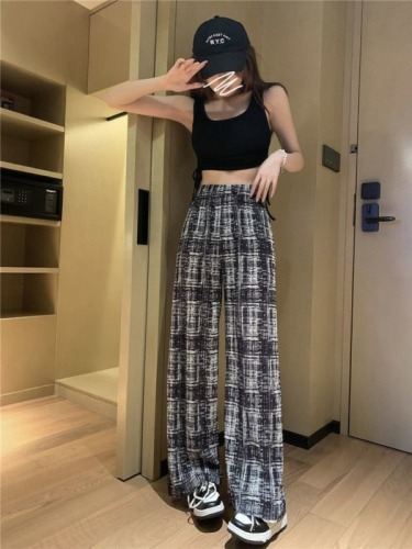 Plus size women's retro pattern wide leg pants women's pleated style new high waist slim plaid pants versatile