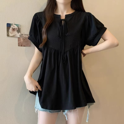 Original workmanship and design black short-sleeved shirt for women summer plus size fat mm waist slimming belly covering top