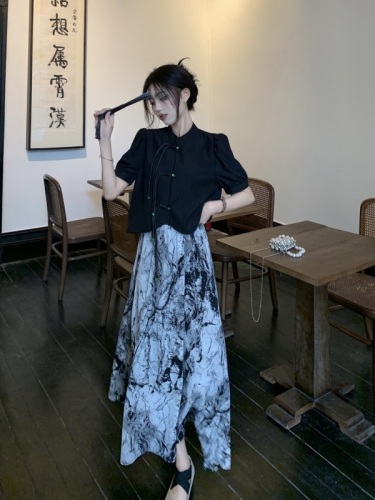 Chinese style pendant cheongsam version shirt fashionable niche tops for women + ink chiffon skirt