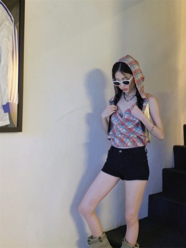 Real shot of red plaid swing collar top for hot girls summer sleeveless hooded outer vest