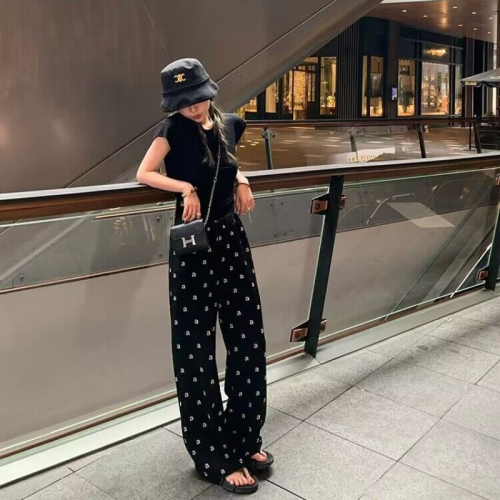 Black bow wide-leg pants for women in summer, thin, sun-proof, cool, floral pajamas, casual walking pants, trendy