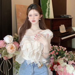 Real shot ~ Peony Fairy Feifei ruffled pearlescent chiffon off-shoulder top for women