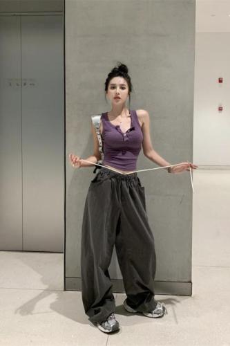 Actual shot of high-elastic, sweet and cool camisole + lazy silhouette, casual drawstring wide-leg pants