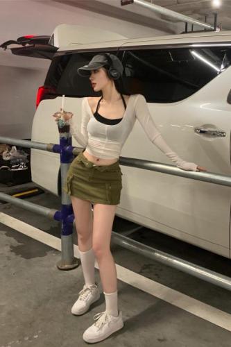 Actual shot and real price ~ 2024 autumn two-piece set pure desire slightly see-through hot girl slim tight long-sleeved short T-shirt top for women