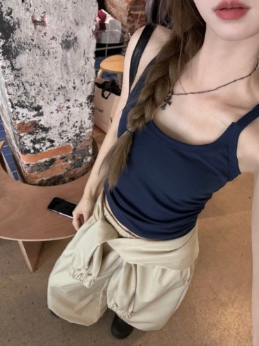 Designed inner vest, American hot girl overalls, elastic waist strap trousers