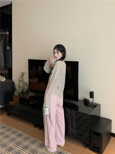 Actual shot~ Light oxygen striped sweater, long-sleeved loose skin-friendly sun protection blouse, loose Yamamoto pants and trousers two-piece set