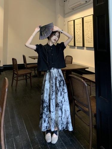 Chinese style pendant cheongsam version shirt fashionable niche tops for women + ink chiffon skirt