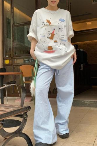 Real shot 2024~Hand-painted cute round-neck cartoon short-sleeved loose mid-length casual top T-shirt