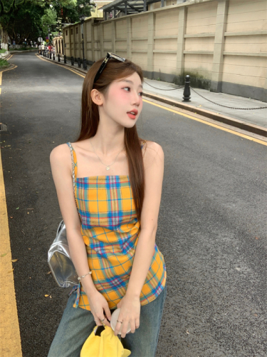 New design slit irregular yellow plaid suspender top for women