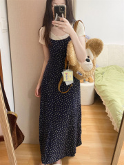 Cream lace bow round neck short-sleeved T-shirt + retro floral waist slimming suspender dress