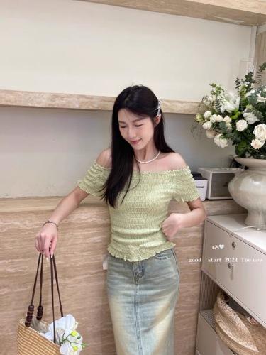 GS can be sweet or salty to reduce age, sweet wave pattern fungus edge waist slimming knitted T-shirt women's summer short top