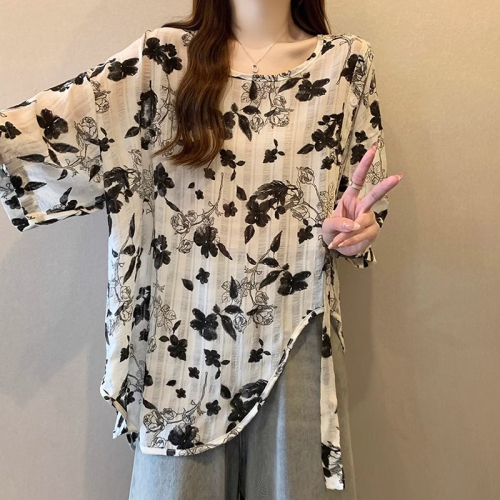 Original workmanship plus size women's fat mm summer wear new 2024 round neck small floral breathable loose versatile top