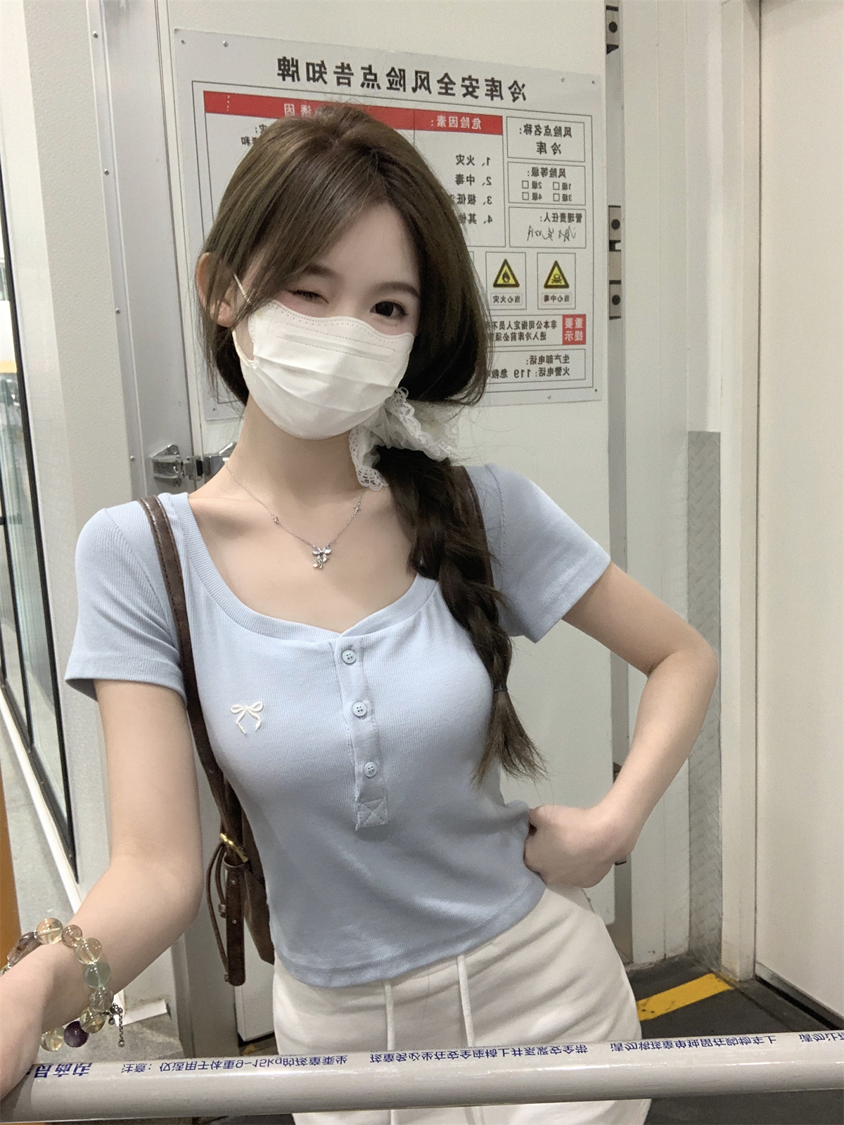 實拍 夏季韓版方領甜美糖果色蝴蝶結刺繡紐扣百搭短袖T恤上衣