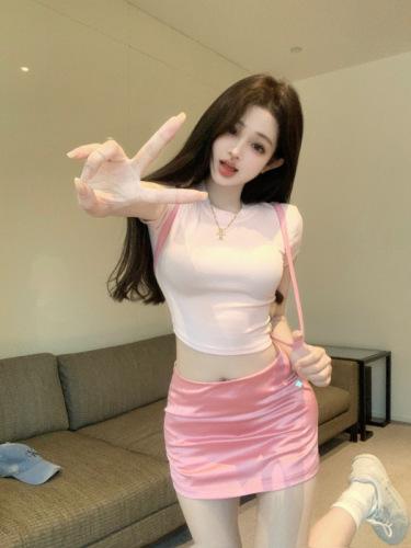 Real shot!  Sweet desire mini skirt low waist hot girl pure desire short skirt simple basic versatile short-sleeved T-shirt suit