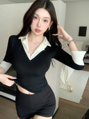 Actual shot of summer Korean version of pure desire and careful machine black and white fake two-piece shirt collar casual three-quarter sleeve top