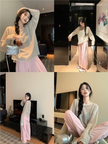 Actual shot~ Light oxygen striped sweater, long-sleeved loose skin-friendly sun protection blouse, loose Yamamoto pants and trousers two-piece set