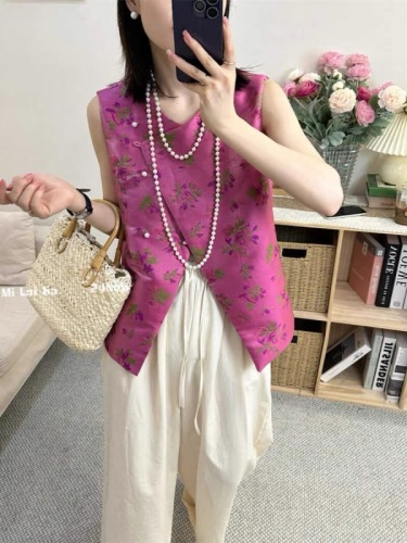 Designed oblique buttoned national style floral vest for women European station 2024 summer new round neck sleeveless vest