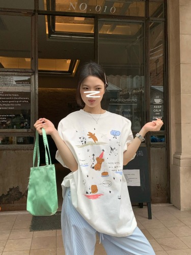 Real shot 2024~Hand-painted cute round-neck cartoon short-sleeved loose mid-length casual top T-shirt