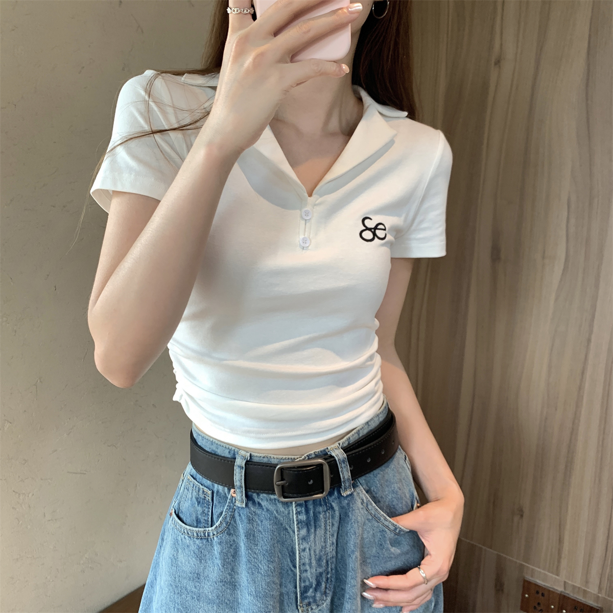 Photographed Summer Korean Style Fitted Elegant Polo Collar Button Pleated Short-Sleeve Versatile Pure Cotton T-Shirt Top for Women