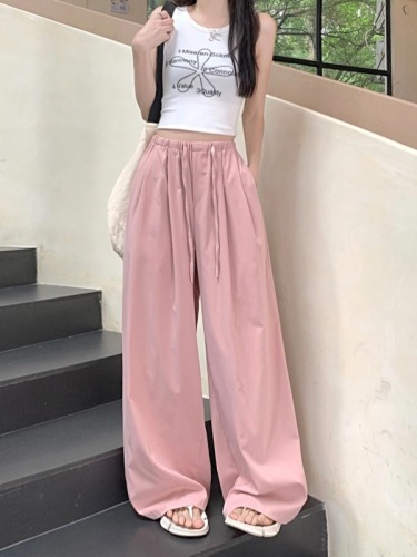 Real shot of lazy casual pants for women in summer solid color elastic waist pants slimming wide leg pants loose drape floor mopping pants