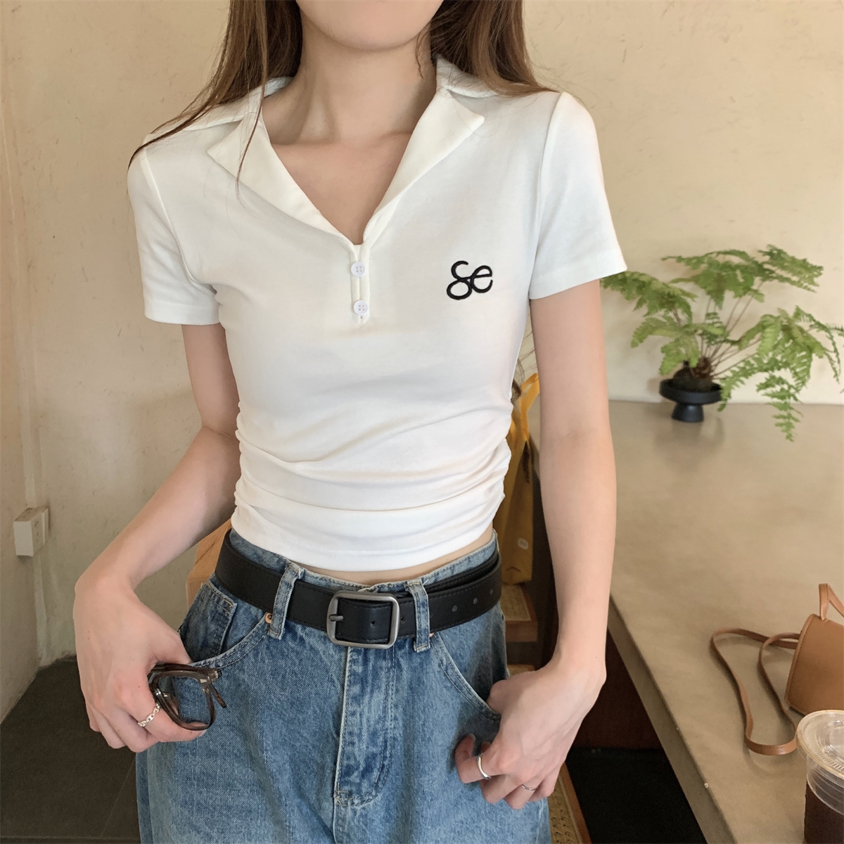 實拍 夏季韓版氣質polo領紐扣褶皺字母刺繡百搭純棉T恤上衣女