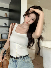 實拍 夏季韓版方領修身紐扣設計感6羊毛氣質針織背心上衣