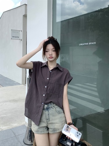 Real shot~Urban petty bourgeoisie curled sleeveless shirt OL loose and stylish linen cotton lazy top for women